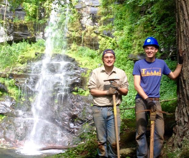 Trail crew members wearing property safety equipment at Platte Clove Preserve in the Catskills. Photo by Sona Mason.