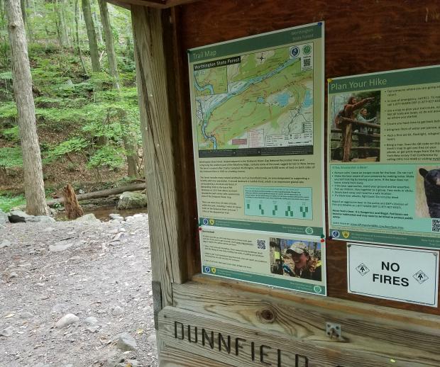 Trailhead kiosk signs at Worthington State Forest.