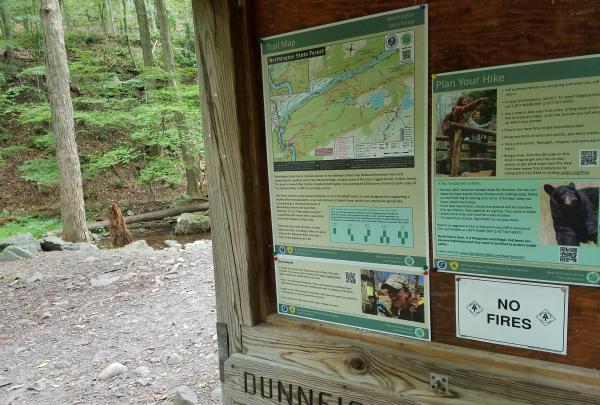 Trailhead kiosk signs at Worthington State Forest.